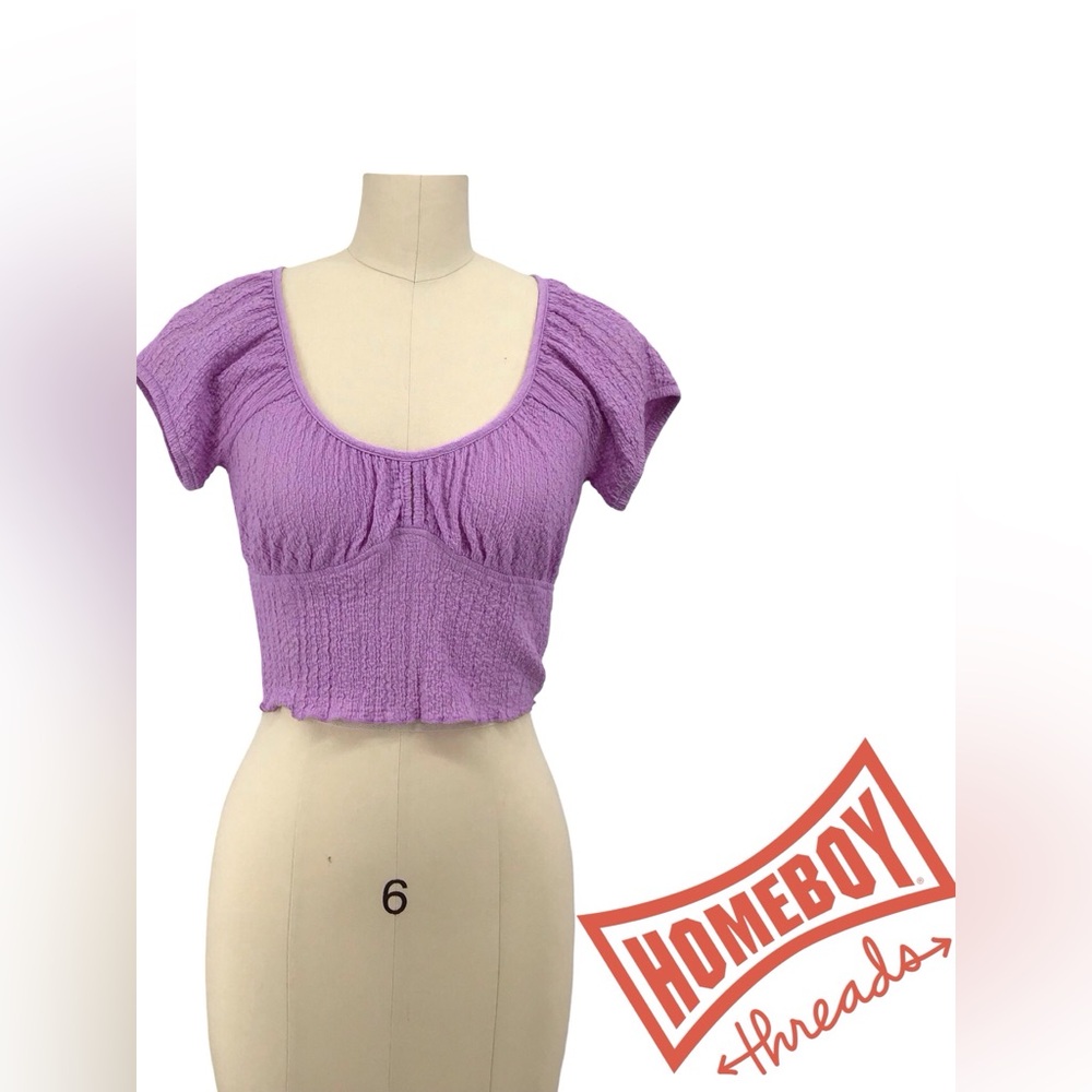 Topshop Purple Ribbed Ruched Cap Sleeve Crop Top